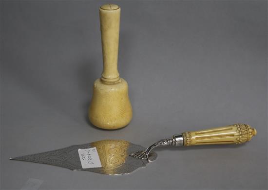 A late Victorian ivory handled silver presentation trowel and mounted ivory mallet, related to the foundation stone laying
